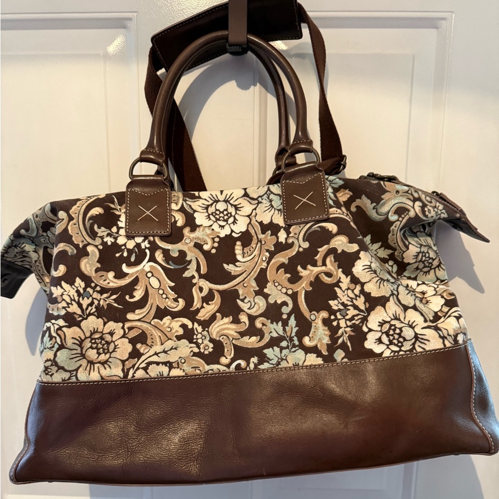 JJill Floral Paisley Brown Canvas & Leather Weekender Bag